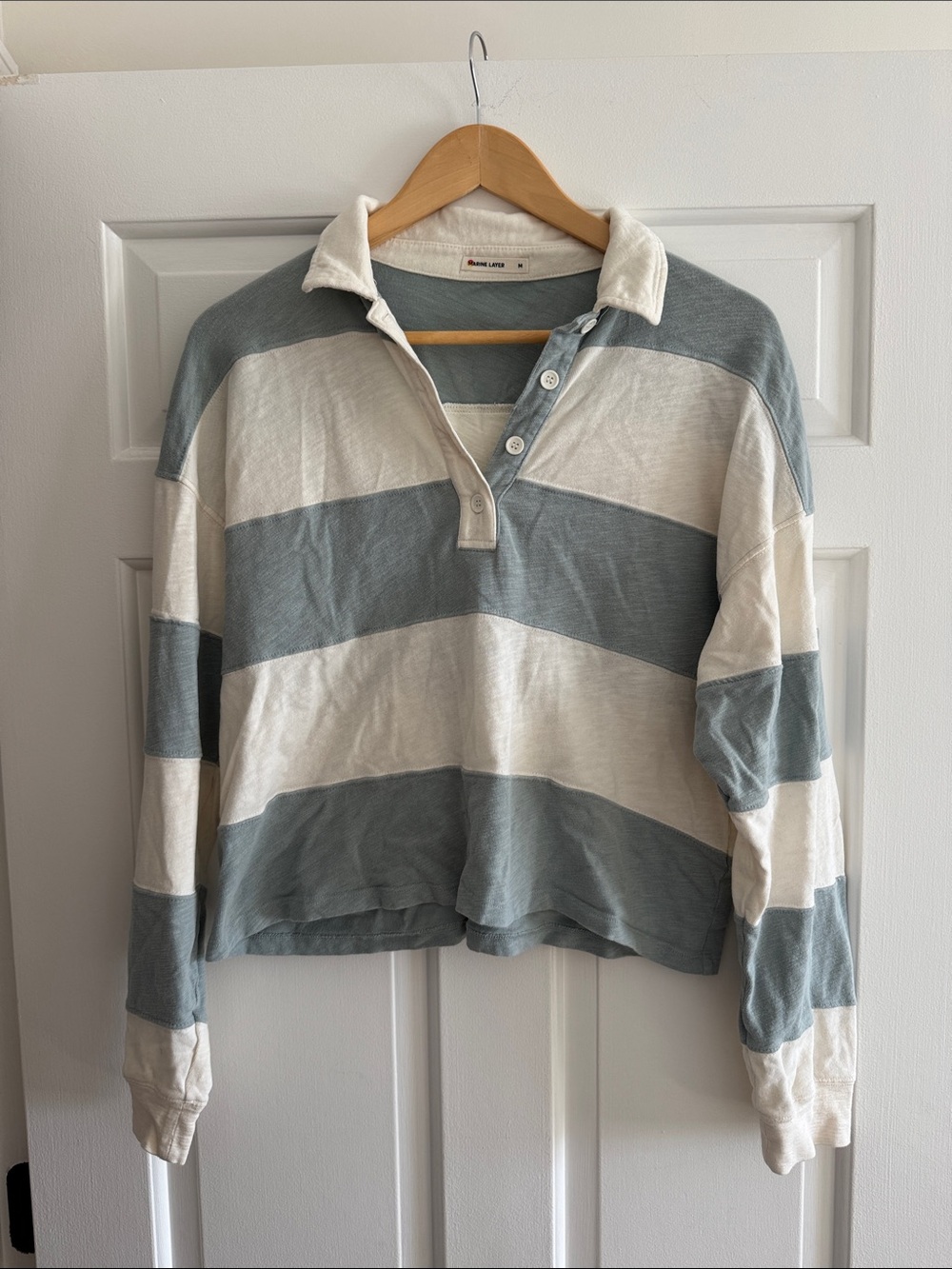 Marine Layer Striped Rugby Pullover — Dusty Blue & Cream